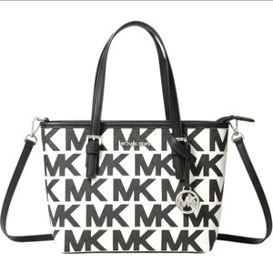 MICHAEL KORS XS Jet Set Travel Black & White MK Logo Zip Tote Bag